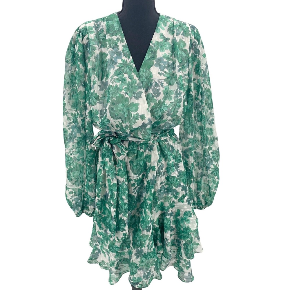 Alex Marie Lauren‎ Floral Tiered Ruffle Mini Dress Emerald Green Gold Stripe 10